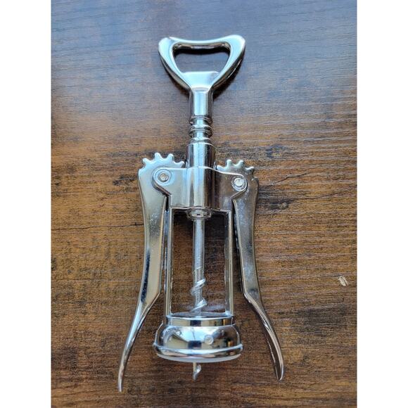 Silver Corkscrew Wine Bottle Opener w/Fins - Push Down - Used - Italy - Picture 5 of 10